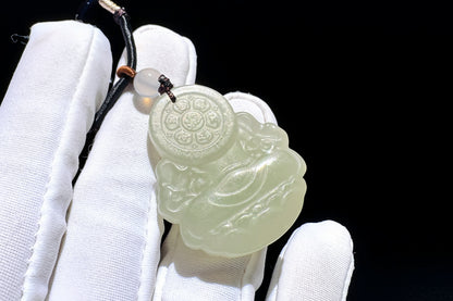 Certified Natural Icy Hetian Nephrite Mahakala Pendant, Carved Sunny Lake Green Nephrite Jade Pendant, 天然冰底晴水料和田玉大黑天吊坠