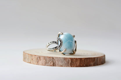 Natural Dominican Blue Larimar In 925 Silver Ring, 天然多米尼加海纹石镶嵌925银戒指