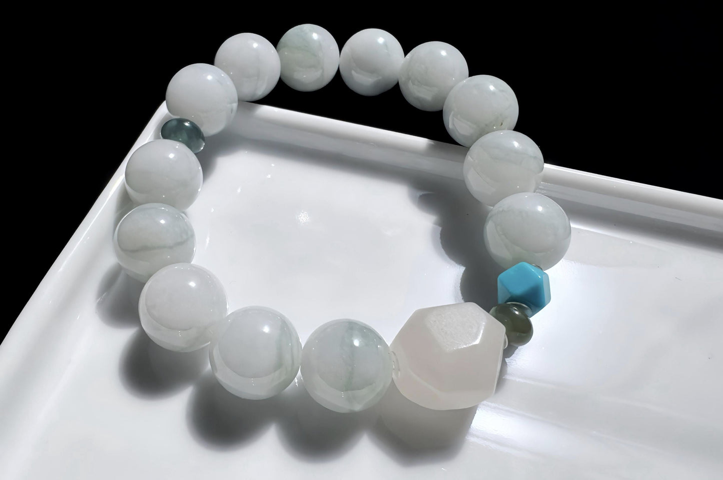12mm Natural Grade A Jadeite Jade Bracelet with Mutton Fat Nephrite Jade, Blue Turquoise, Blue Jadeite Jade, 天然缅甸A货蓝底绿花翡翠细糯种手串羊脂白玉绿松