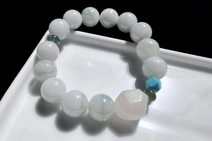 12mm Natural Grade A Jadeite Jade Bracelet with Mutton Fat Nephrite Jade, Blue Turquoise, Blue Jadeite Jade, 天然缅甸A货蓝底绿花翡翠细糯种手串羊脂白玉绿松