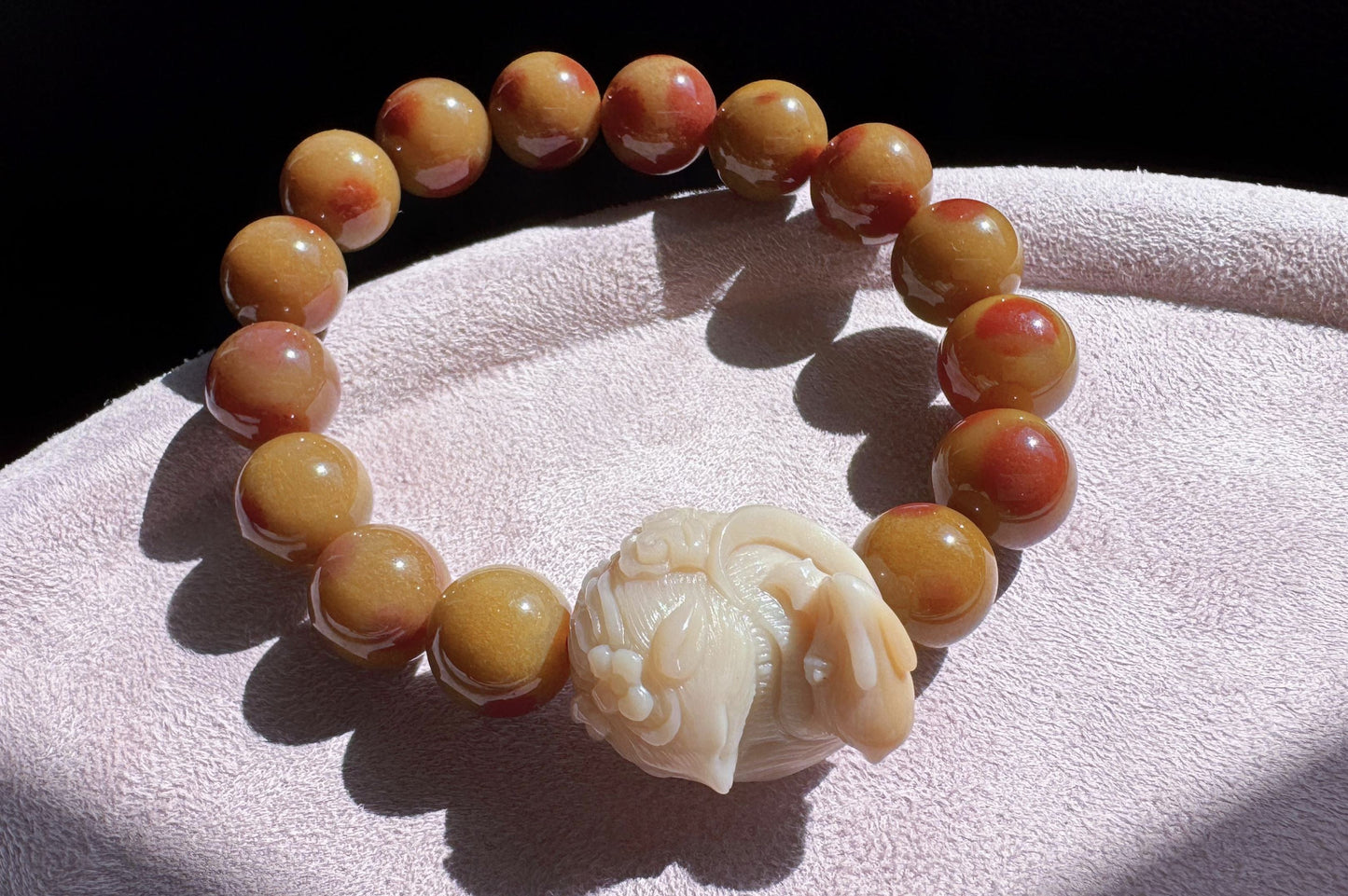 Natural Alashan Rock Beaded Bracelet with Hand Carved Alashan Nine Tailed Fox and Rabbit Charm, 天然老矿料阿拉善圆珠搭配手工精雕原矿阿拉善九尾狐