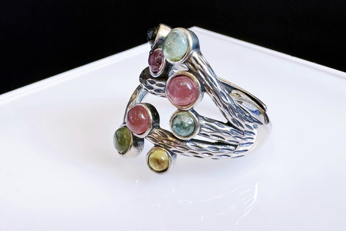 Natural Rainbow Tourmaline in Premium S925 Thick Silver Handmade Ring, Mermaid Tourmaline Ring, 天然巴西老料美人鱼色系碧玺肌理枝条S925厚银戒指