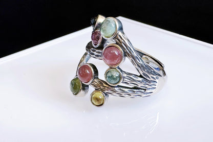 Natural Rainbow Tourmaline in Premium S925 Thick Silver Handmade Ring, Mermaid Tourmaline Ring, 天然巴西老料美人鱼色系碧玺肌理枝条S925厚银戒指