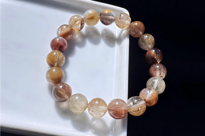 Genuine Multi-color Rutile Quartz Beaded Bracelet, Natural Untreated Cantoyancy Rutilated Quartz Bracelet, 天然巴西原色猫眼维纳斯金发晶顺发彩发晶圆珠手串