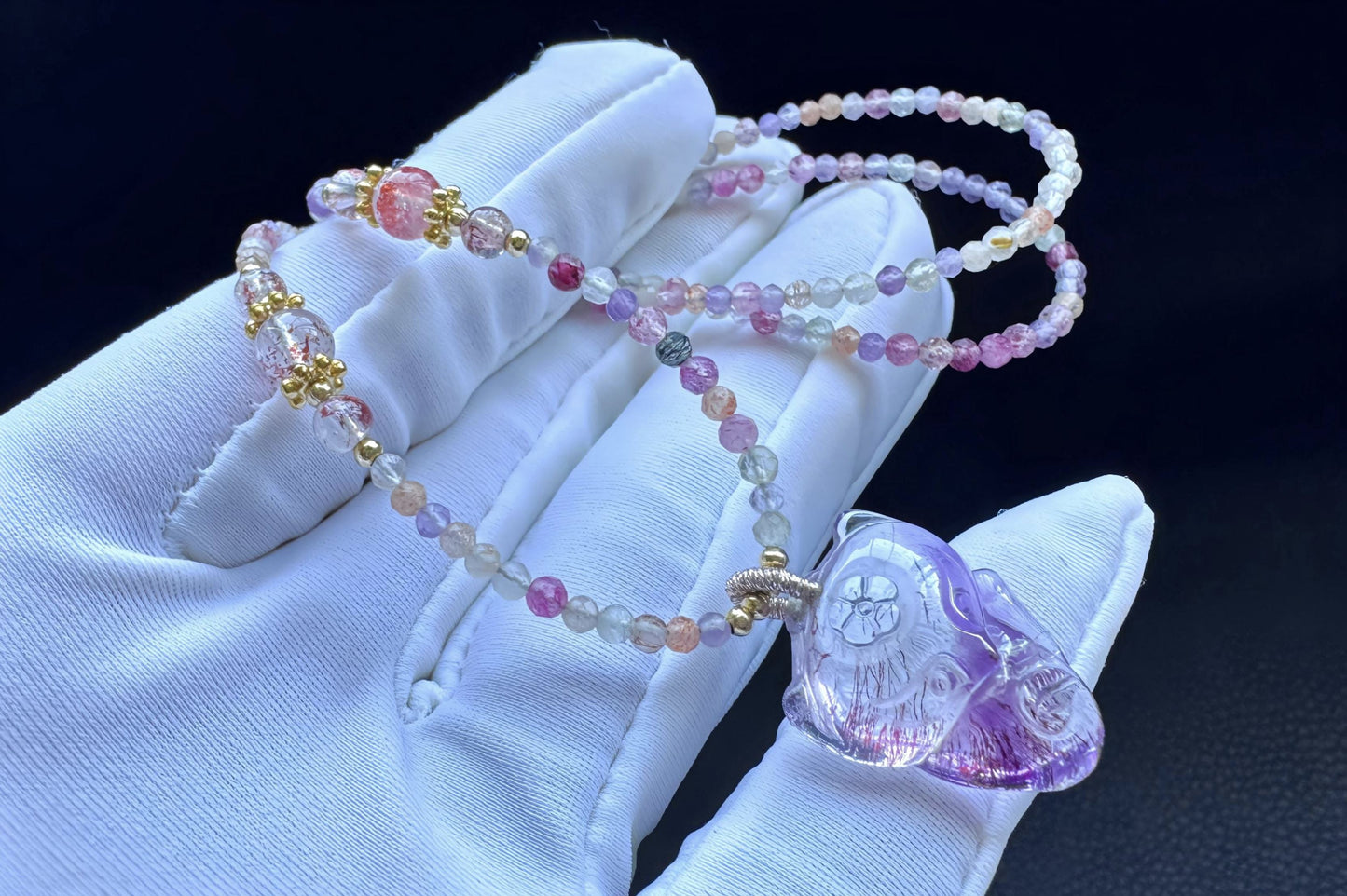 High Grade Natural Super Seven Hand Carved Fox Pendant, Super Seven Crystal Fox Necklace, 天然精品超级七手工雕刻九尾狐吊坠