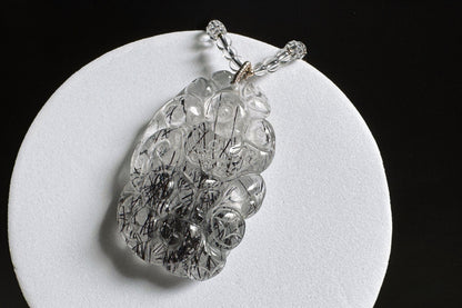 Natural Black Rutile Quartz Hand Carved Nine Tailed Fox Pendant, Black Rutilated Quartz Crystal Fox, 天然精品黑发晶手工雕刻九尾狐吊坠