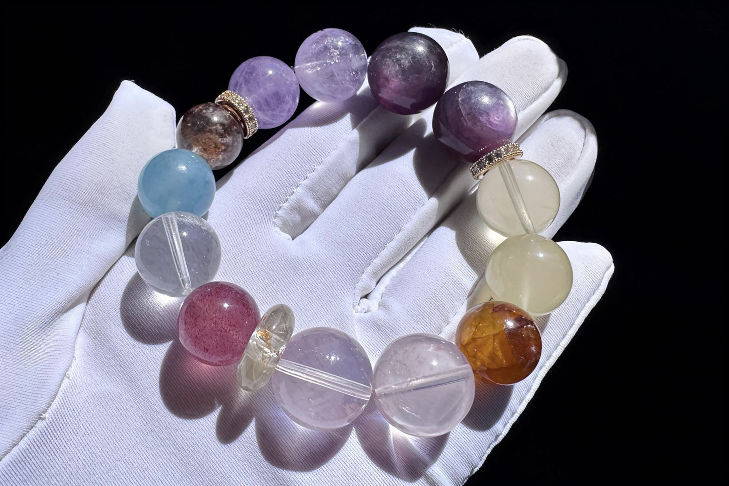Natural Multi-gemston Bracelet, Rose Quartz Aquamarine Beaded Bracelet, 天然猫眼紫锂辉搭配海蓝宝粉晶葡萄石手串