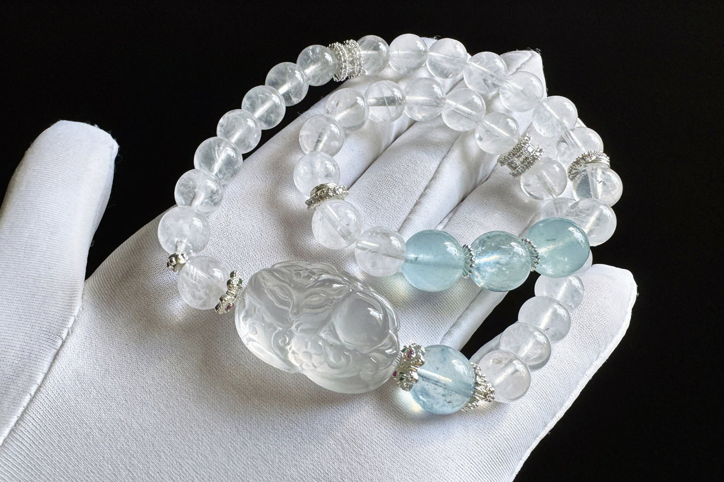 Rare Natural Blue Rabbit Hair Rutile Quartz Carved Nine Tailed Fox with Aquamarine and White Phantom Bracelet, 天然蓝兔毛九尾趴趴狐海蓝宝白幽灵手串