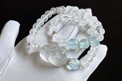Rare Natural Blue Rabbit Hair Rutile Quartz Carved Nine Tailed Fox with Aquamarine and White Phantom Bracelet, 天然蓝兔毛九尾趴趴狐海蓝宝白幽灵手串