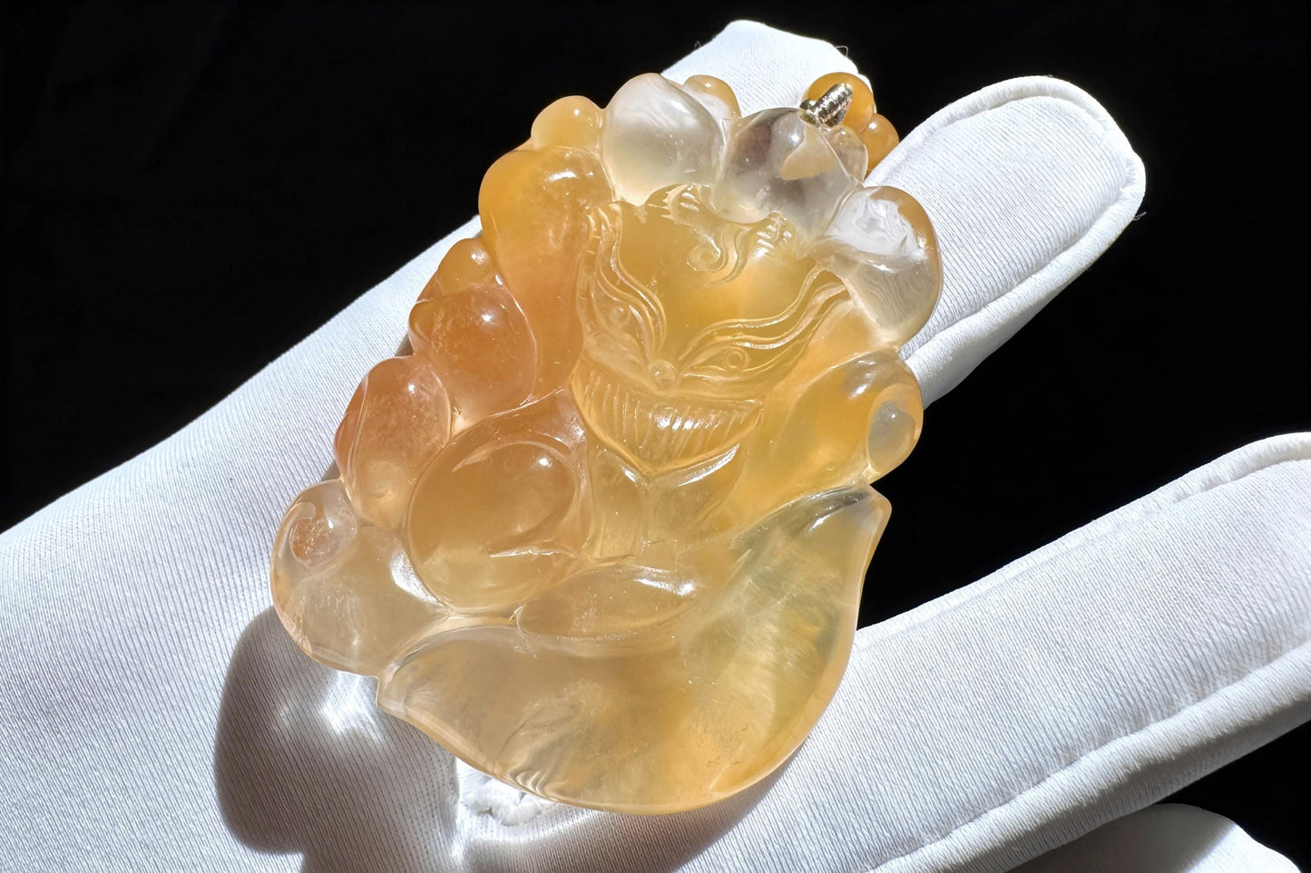 Top Grade Natural Yellow Rabbit Hair Quartz Hand Carved Nine Tailed Fox Pendant Necklace, 天然精品黄兔毛水晶手工精雕九尾狐吊坠