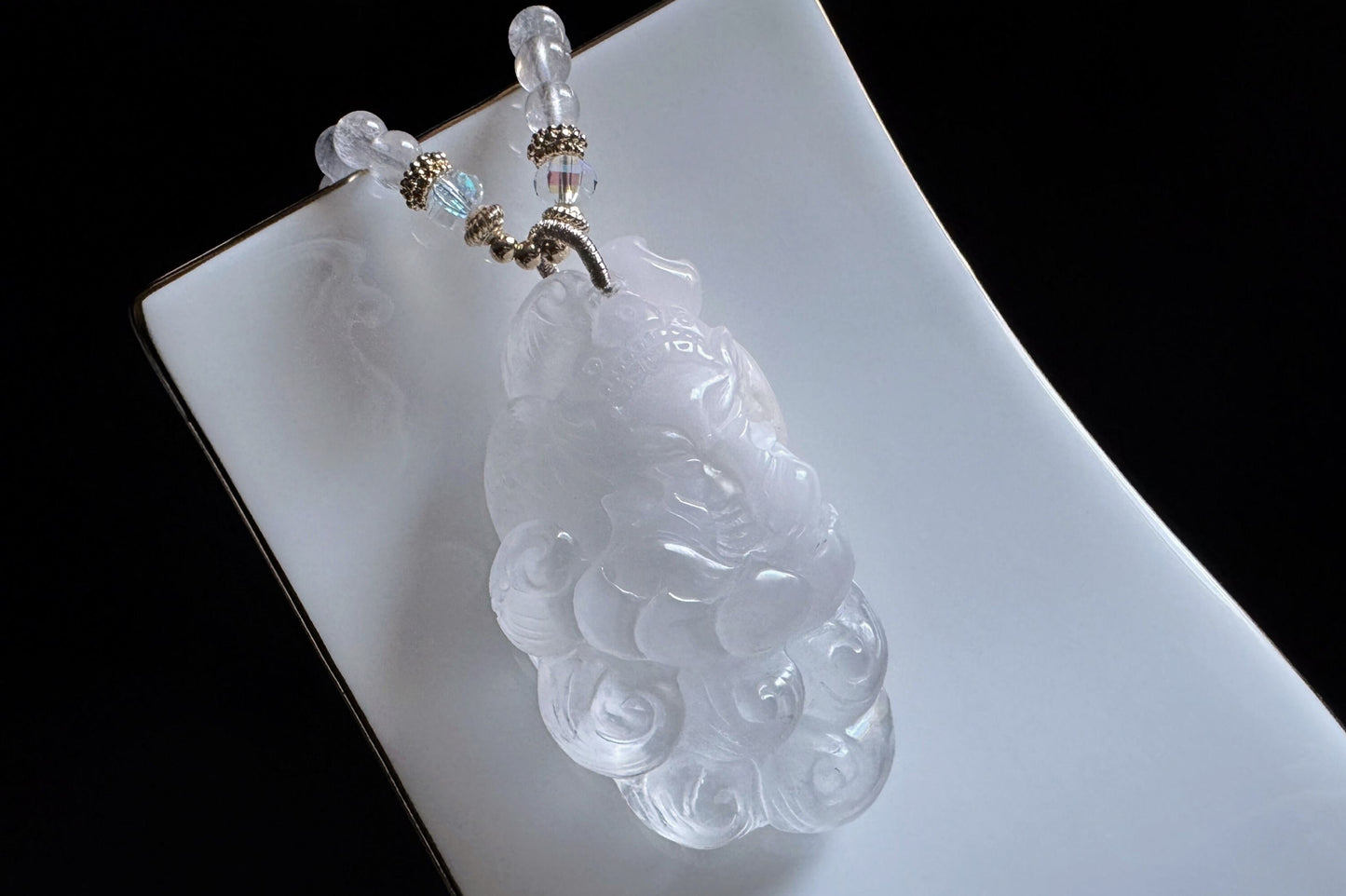 Large Natural White Rabbit Hair Quartz Hand Carved Nine Tailed Fox Pendant, High Grade White Rabbit Hair Necklace, 天然精品白兔毛手工精雕九尾狐吊坠