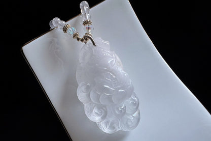 Large Natural White Rabbit Hair Quartz Hand Carved Nine Tailed Fox Pendant, High Grade White Rabbit Hair Necklace, 天然精品白兔毛手工精雕九尾狐吊坠