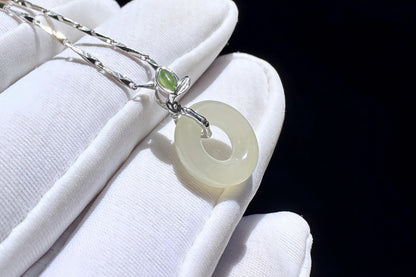 Small Natural White Nephrite Safe and Sound Pendant in S925 Silver Bamboo Shape Setting, White Green Nephrite Jade Pendant, 天然白玉平安无事牌竹节吊坠