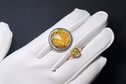 Certified Natural Gem Grade Brazilian Citrine In S925 Setting, Top Grade Large Citrine Ring, 天然巴西黄水晶戒面级暴力黄镶嵌S925银戒指