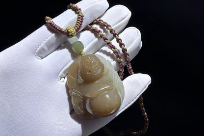 Certified High Grade Natural Nephrite Hand Carved Buddha Pendant, Brown Sugar and White Nephrite Jade Buddha, 天然高品质糖白玉手工雕刻笑佛吊坠