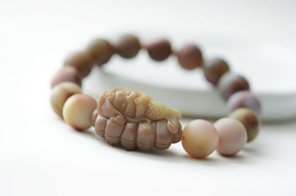 Natural Raw Yan Yuan Agate with Stone Skin Beaded Bracelet and Hand Carved Yan Yuan Agate Mermaid, 原矿包浆盐源手串搭配手工雕刻盐源美人鱼