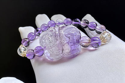 Natural High Grade Brazilian Amethyst Hand Carved Butterfly Nine Tailed Fox and Amethyst Beaded Bracelet, 天然精品巴西紫水晶手工精雕九尾狐蝴蝶搭配紫水晶手串