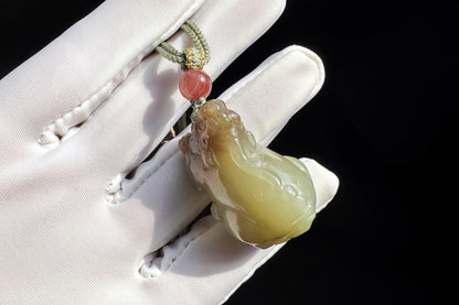 Certified Natural Brown Sugar Nephrite Hand Carved Pixiu Pendant, Nephrite Jade Pixiu, Good Luck Jade Necklace, 天然糖青玉手工雕刻貔貅吊坠