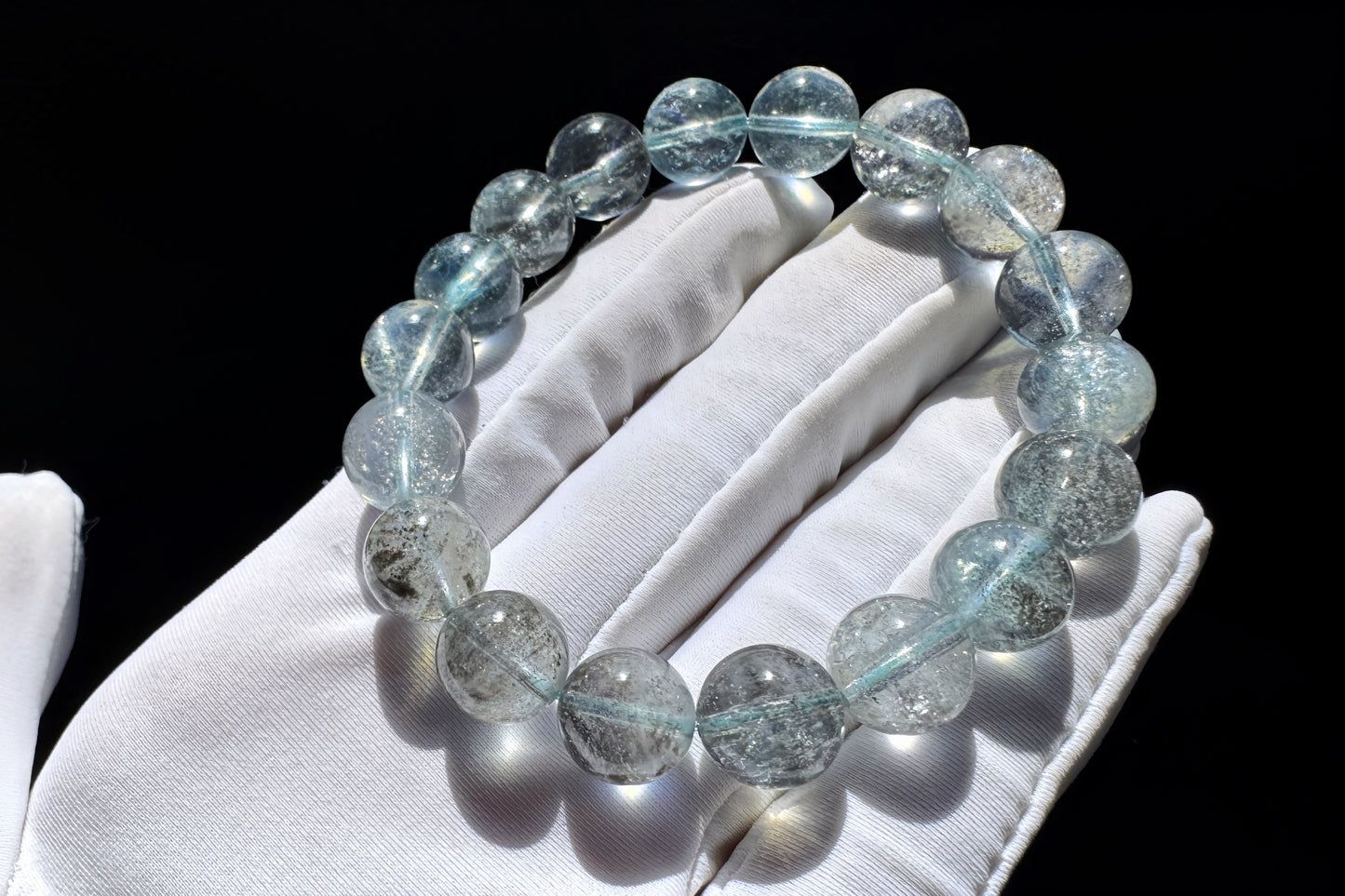11mm Natural Aquamarine with Black Mica Inclusions Beaded Bracelet, Shiny Aquamarine Bracelet, March Birthstone, 海蓝宝带黑云母共生手串