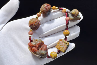 Natural Multi-color Old Mine Alashan Agate Hand Carved Charms Braided Bracelet, Alasha Bracelet, Carved Agate, 天然原矿老料阿拉善手工精雕狐狸手编手链