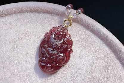 Top Grade Pigeon Blood Strawberry Quartz Hand Carved Nine Tailed Fox Pendant, Carved Strawberry Quartz Crystal, 天然极品鸽血红草莓晶手工雕刻九尾狐吊坠