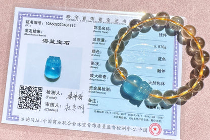 Certified Natrual Aquamarine and Lemon Citrine Bracelet, Lemon Quartz Bracelet, Aquamarine Pi-Xiu, Wealth Bracelet, 天然海蓝宝貔貅搭配柠檬黄水晶手串