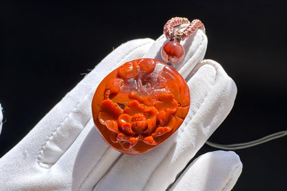 Natural Nanhong Agate Hand Carved Butterfly and Peony Pendant, Chinese South Red Agate Necklace, 天然川料南红手工精雕蝶恋花吊坠