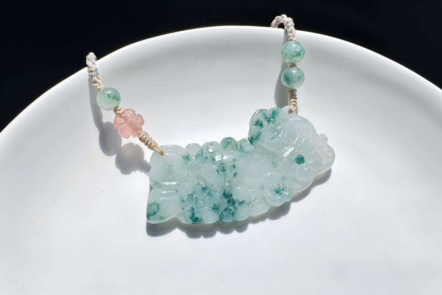 Genuine Grade A Jadeite Jade Necklace, Natural Carved Jade Flower and Butterfly, Handmade Jade Necklace, 天然缅甸A货翡翠锁骨吊坠老坑冰润飘蓝花蝶恋花仿古玉璜