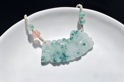 Genuine Grade A Jadeite Jade Necklace, Natural Carved Jade Flower and Butterfly, Handmade Jade Necklace, 天然缅甸A货翡翠锁骨吊坠老坑冰润飘蓝花蝶恋花仿古玉璜