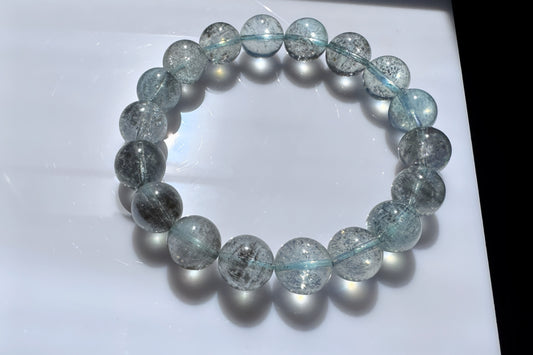 11mm Natural Aquamarine with Black Mica Inclusions Beaded Bracelet, Shiny Aquamarine Bracelet, March Birthstone, 海蓝宝带黑云母共生手串