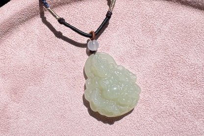 Certified Natural Icy Hetian Nephrite Mahakala Pendant, Carved Sunny Lake Green Nephrite Jade Pendant, 天然冰底晴水料和田玉大黑天吊坠