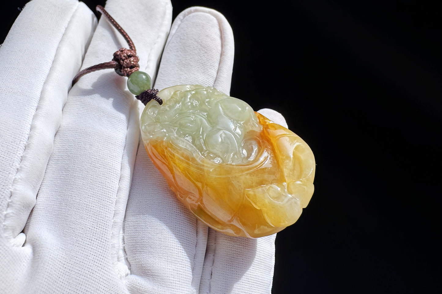 Genuine Grade A Jadeite Jade Hand Carved Kirin Pendant, Natural duo Color Green and Yellow Jade, Double-sides Carving, 天然缅甸A货翡翠老坑双色麒麟吊坠