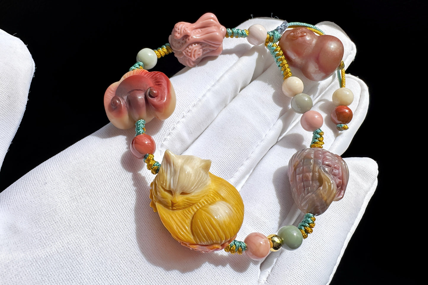 Natural Alashan Bracelet with Carved Alxa Onyx Charms, Hand Carved Top Grade Alashan Rocks, Handmade Alashan Bracelet, 天然全玉化阿拉善手工精雕配饰编绳手链