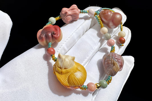 Natural Alashan Bracelet with Carved Alxa Onyx Charms, Hand Carved Top Grade Alashan Rocks, Handmade Alashan Bracelet, 天然全玉化阿拉善手工精雕配饰编绳手链
