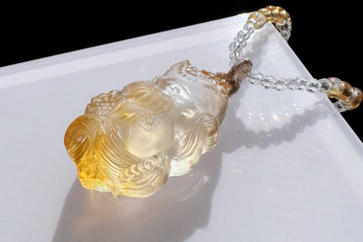 Natural Brazilian Citrine Hand Carved Nine Tailed Fox Pendant, Hand-Carved Golden Citrine Glow • Intricate Hand-Carved Artistry Necklace