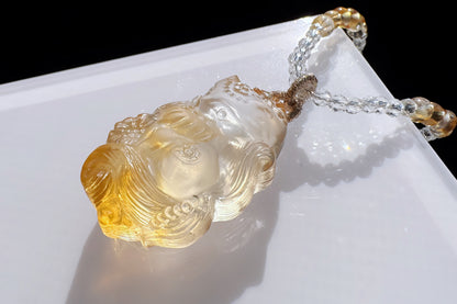 Natural Brazilian Citrine Hand Carved Nine Tailed Fox Pendant, Hand-Carved Golden Citrine Glow • Intricate Hand-Carved Artistry Necklace