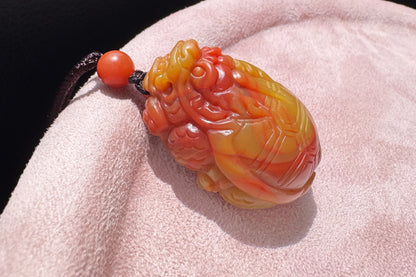 Certified High Grade Natural Nanhong Hand Carved Dragon Turtle Pendant, Yellow Nanhong Dragon Turtle Pendant, 天然黄皮包浆南红手工精雕龙龟吊坠