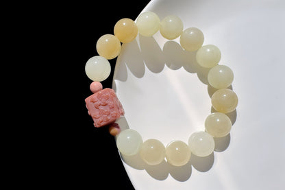 11mm Natural Hetian Nephrite Bracelet with Top Grade Alashan Hand Carved Nine Tailed Fox Cube, Nephrite Jade Bracelet, 天然蜂蜜水糖玉手串搭配玉化阿拉善手工精雕九尾狐方糖