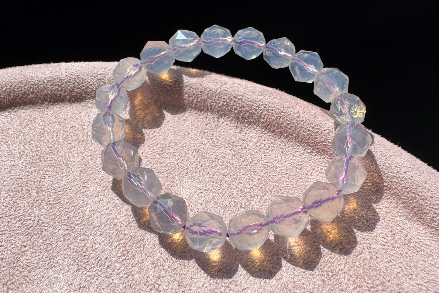 Natural Milky Lavender Moon Quartz Beaded Bracelet, Faceted Lavender Moon Quartz, 天然奶油体钻切切面紫玉晶手串
