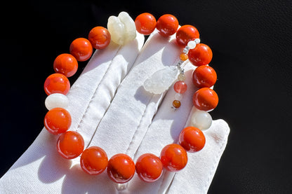 Natural High Grade Nanhong Agate Beaded Bracelet, Bracelet made with Nanhong, Nephrite, jadeite jade, 天然南红玛瑙瓦西锦红圆珠手串搭配和田玉并蒂莲A货翡翠如意