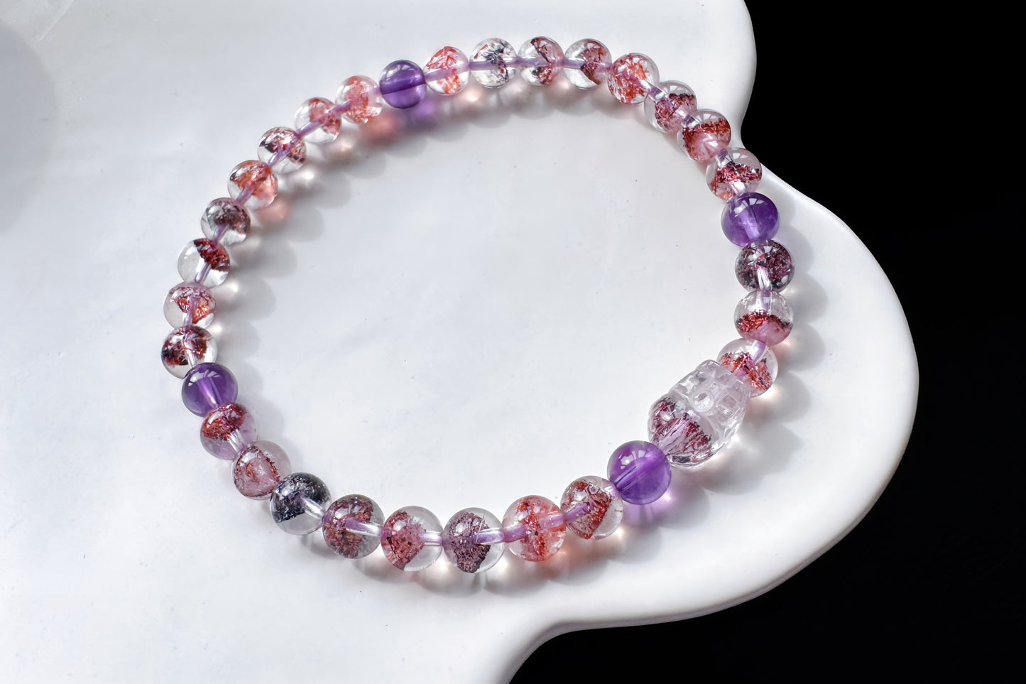 Rare Natural Pyramid Super Seven Beaded Bracelet with Super Seven Pixiu Charm, Top Grade Super Seven Bracelet, 天然招财金字塔超级七手串搭配超七貔貅