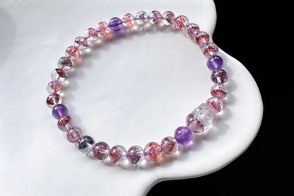 Rare Natural Pyramid Super Seven Beaded Bracelet with Super Seven Pixiu Charm, Top Grade Super Seven Bracelet, 天然招财金字塔超级七手串搭配超七貔貅