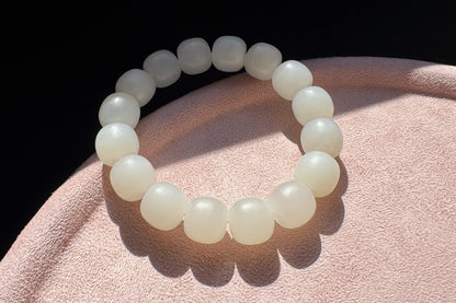 13mm Natural White Hetian Nephrite Bracelet, White Nephrite Jade Beads, Matte Nephrite Bracelet, 天然和田玉青海料一级白老型珠手串