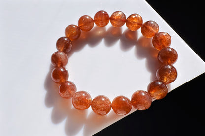 11mm Natural Sunstone Bracelet, Dark Orange Color Sunstone Beads, Shimmering Sunstone, 天然无优化美国俄勒冈州老矿焦糖色金太阳石水晶手串