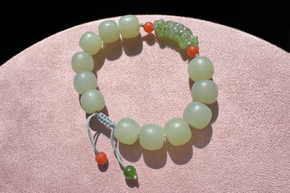 Natural Milky Blue Hetian Nephrite Beaded Bracelet with Green Nephrite Hand Carved Charm, Nephrite Jade Bracelet, 天然奶蓝色和田玉手串搭配碧玉手工雕刻回纹扣