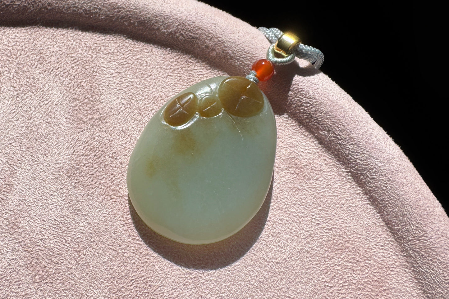 Natural Nephrite in Sugar Brown and Green Colors Hand Carved Koi Fish and Lotus Pendant, Carved Nephrite Jade Necklace, 天然糖青料玉手工雕刻鱼戏荷莲吊坠