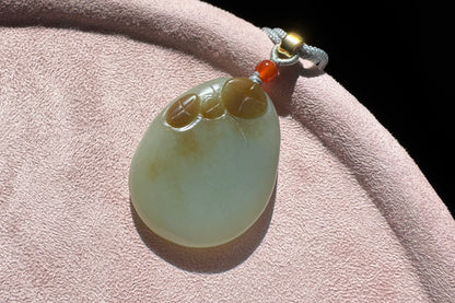 Natural Nephrite in Sugar Brown and Green Colors Hand Carved Koi Fish and Lotus Pendant, Carved Nephrite Jade Necklace, 天然糖青料玉手工雕刻鱼戏荷莲吊坠