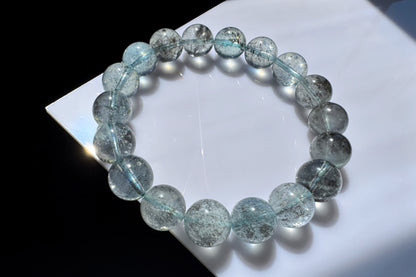 11mm Natural Aquamarine with Black Mica Inclusions Beaded Bracelet, Shiny Aquamarine Bracelet, March Birthstone, 海蓝宝带黑云母共生手串