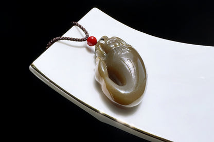 Certified Natural Dark Brown Sugar Hetian Nephrite Dragon Fish Pendant, Nephrite Jade Fish Turning Drago Pendant, Brown Jade, 天然糖玉鱼化龙吊坠深糖玉龙鱼吊坠