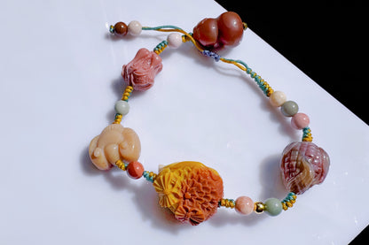 Natural Alashan Bracelet with Carved Alxa Onyx Charms, Hand Carved Top Grade Alashan Rocks, Handmade Alashan Bracelet, 天然全玉化阿拉善手工精雕配饰编绳手链